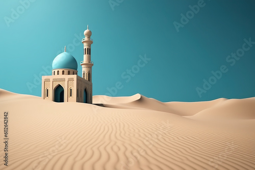 A small mosque in the middle of a desert. Generative AI. Festive background with copy-space.