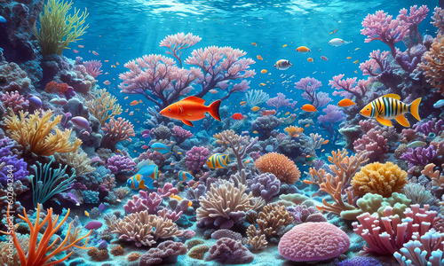 Underwater world. Coral reef and fishes. Underwater coral reef background. Tropical sea underwater fishes on coral reef. Aquarium oceanarium wildlife. colorful snorkel diving. Generative AI