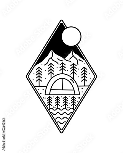 Camping nature outdoor under the mountains in mono line vector design for badge t shirt sticker and other