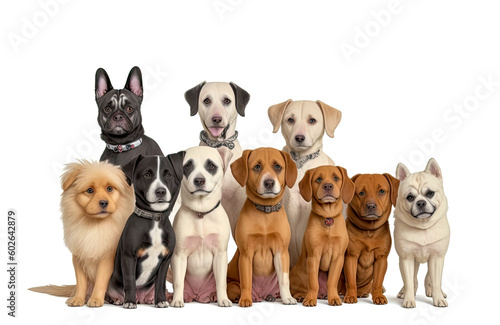 dogs different breeds, sizes, and colors sitting in row and looking directly at camera. vibrant and eye-catching photo could be used as advertisement for dog products or services. Generative AI