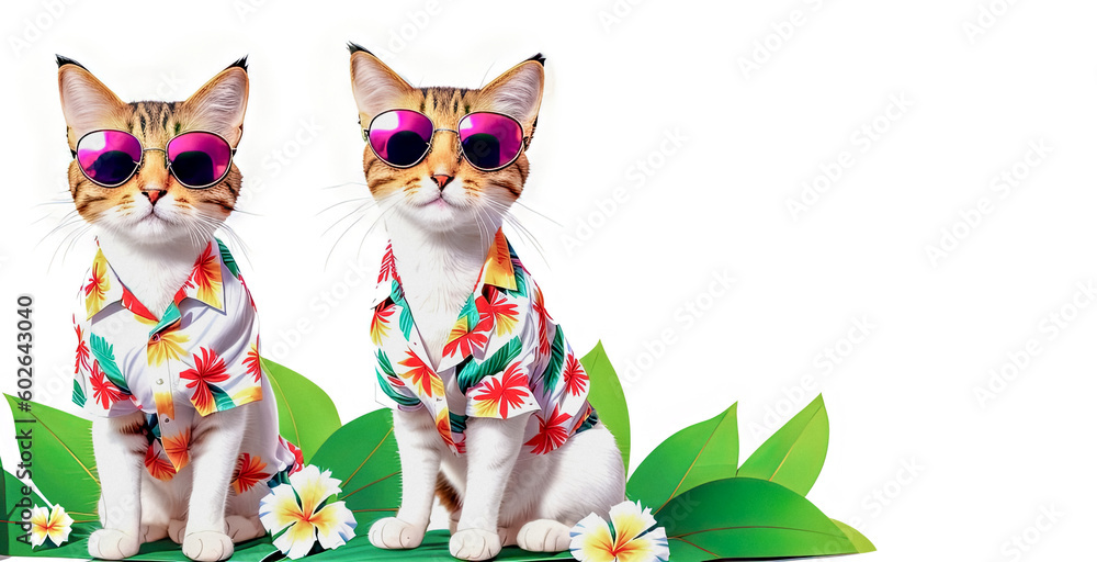 Funny Сat on vacation in Hawaiian shirt and sunglasses isolated on white. advertising offers of travel agencies and operators. journey, trip, tour concept. Generative AI