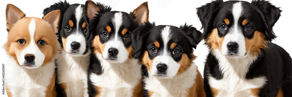 many dogs of different breeds and sizes on white background. web banner for advertising veterinary clinics, grooming salons and shelters. Dogs are looking at camera, some cute. Generative AI