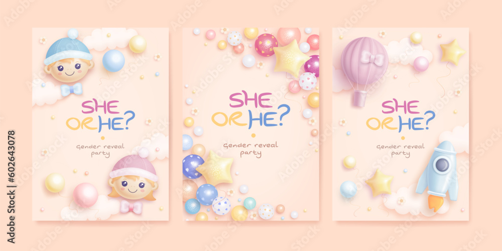 He or she. Cartoon gender reveal invitation template set. Vertical banner with helium balloons and flowers. Vector illustration