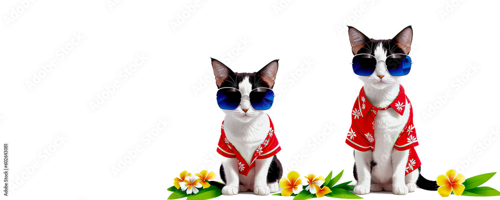 Сat on vacation in Hawaiian shirt and sunglasses on white background. advertising offers of travel agencies and operators. Generative AI Сat on vacation in Hawaiian shirt and sunglasses on white background. advertising offers of travel agencies and operators. Generative AI