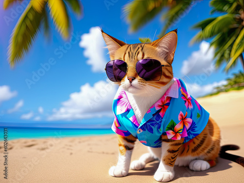 Funny Сat on vacation in Hawaiian shirt and sunglasses. advertising offers of travel agencies and operators. journey, trip, tour concept. Generative AI © Celt Studio