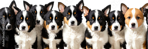 many dogs of different breeds and sizes on white background. web banner for advertising veterinary clinics  grooming salons and shelters. Dogs are looking at camera  some cute. Generative AI