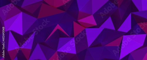 Purple polygonal triangle crystals background. Rough cuts with color gradient 3d render and geometric tracery. Futuristic landscape of pyramids with triangular slices