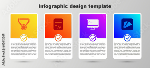 Set Medal, Exam sheet with A plus grade, Computer monitor and Paper airplane. Business infographic template. Vector