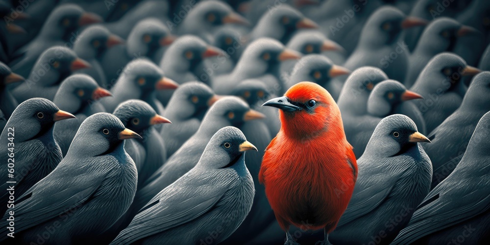 Difference concept showing by extraordinary bird standing out of the crowd. superlative generative AI image. - obrazy, fototapety, plakaty 