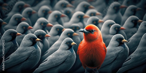 Difference concept showing by extraordinary bird standing out of the crowd. superlative generative AI image.