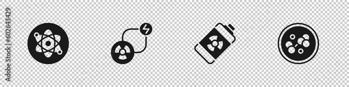 Set Atom, Radioactive exchange energy, Nuclear battery and Molecule icon. Vector