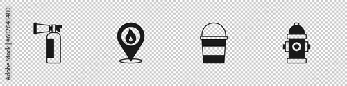 Set Fire extinguisher, Location with fire flame, bucket and hydrant icon. Vector