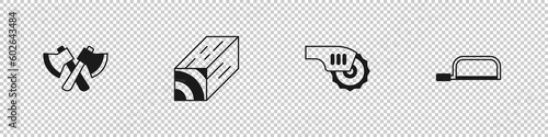 Set Wooden axe, beam, Electric circular saw and Hacksaw icon. Vector