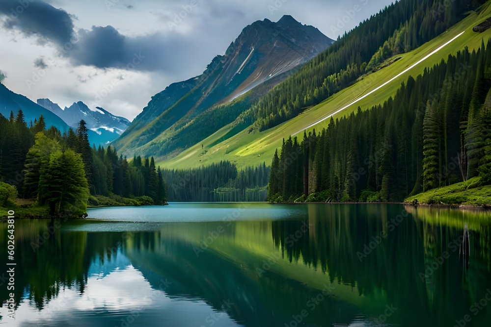 lake in the mountains covered with greenery 