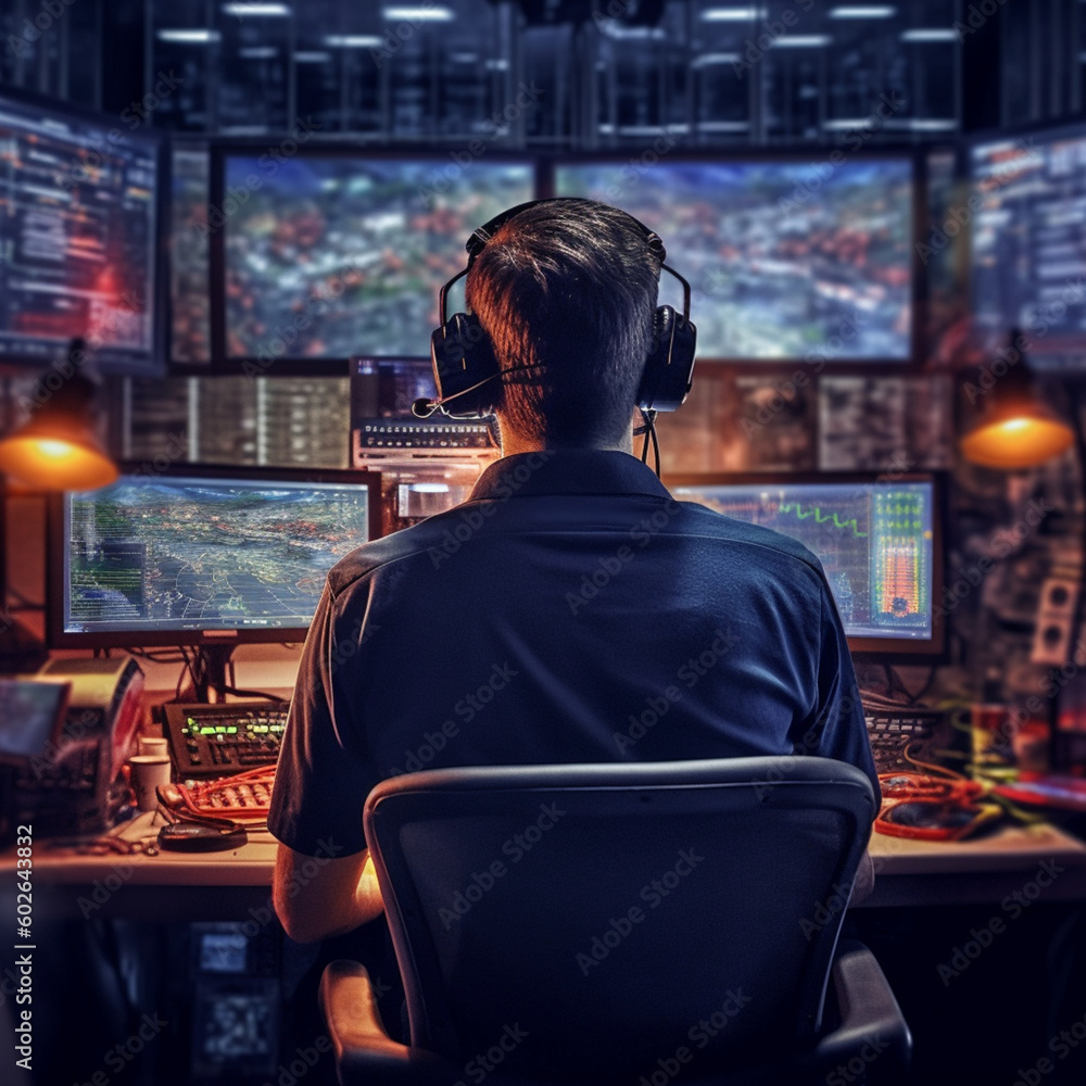 Back view of a man in a call center giving support. Generative AI. Back view of a man in a call center giving support. Generative AI.