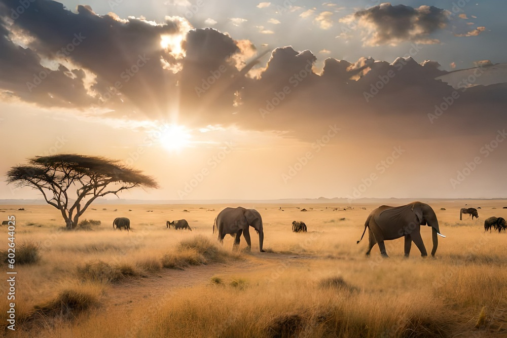 Fototapeta premium herd of elephants at sunset