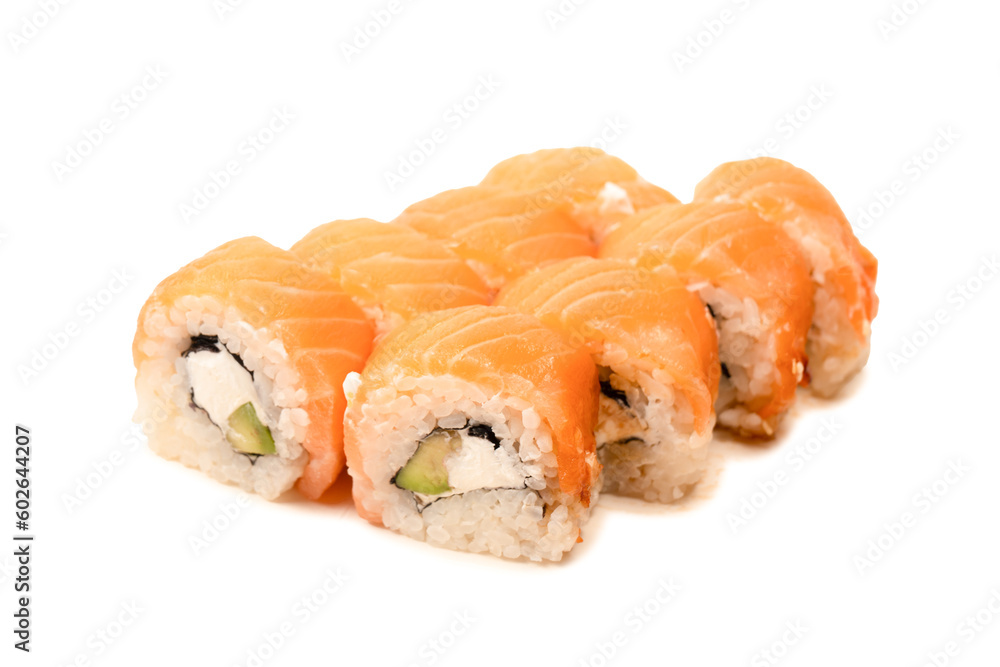 Sushi with cream cheese and salmon isolated on white background. Sushi with cream cheese and salmon isolated on white background.