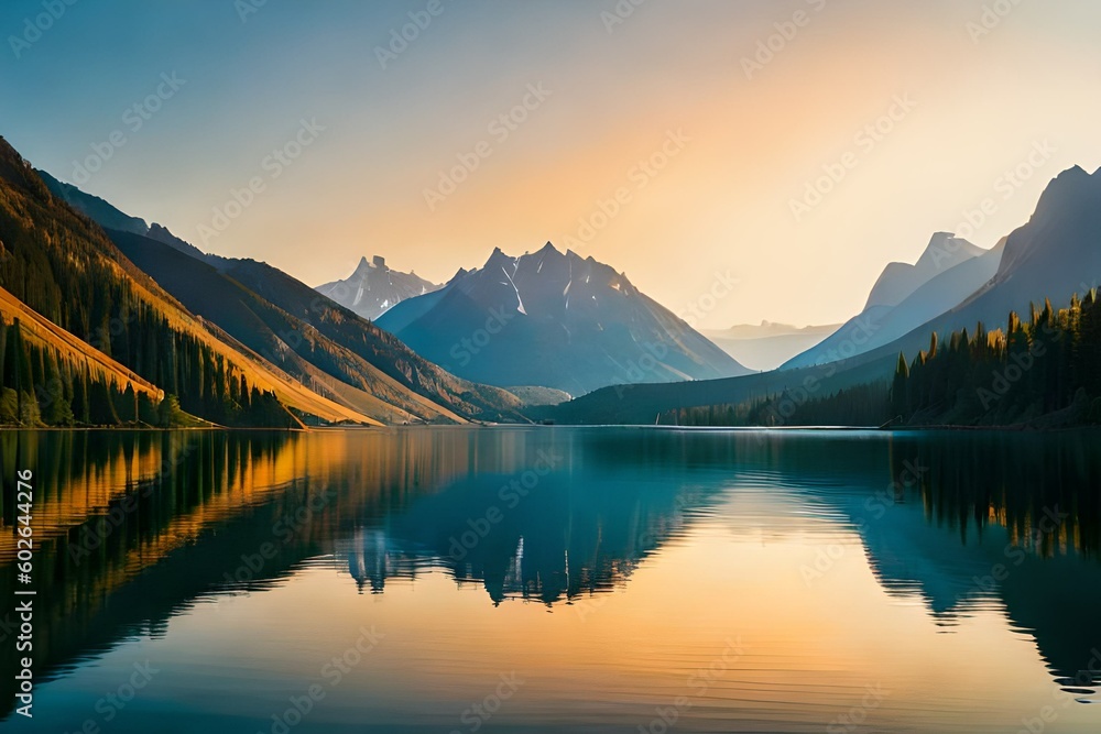 sunrise over the lake  surronded with mountains - Generative AI Technology