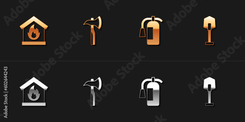 Set Fire in burning house, Firefighter axe, extinguisher and shovel icon. Vector