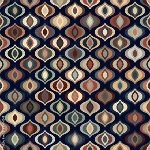 Modern art wavy geometric motif. Seamless repeating pattern. Retro style decorative multicolored ornament on a black background. Vector image for textile, wrapping, print, and decoration.