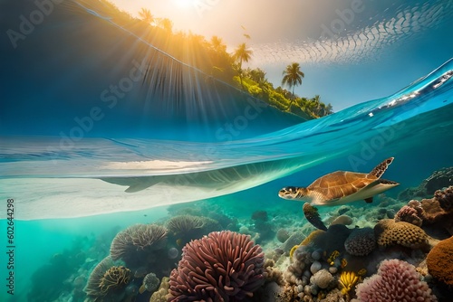 underwater scene with reef with a sea turtle
