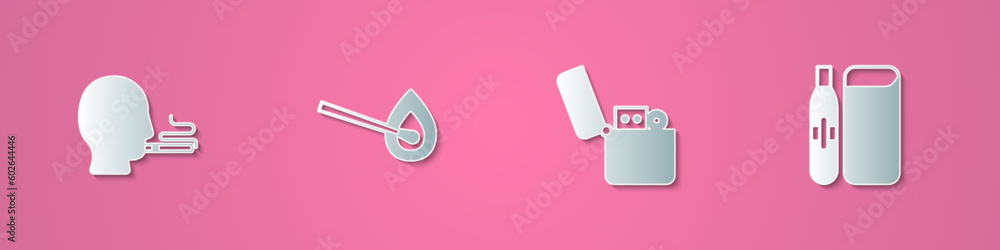 Set paper cut Man smoking a cigarette, Burning match with fire, Lighter and Electronic icon. Paper art style. Vector Set paper cut Man smoking a cigarette, Burning match with fire, Lighter and Electronic icon. Paper art style. Vector