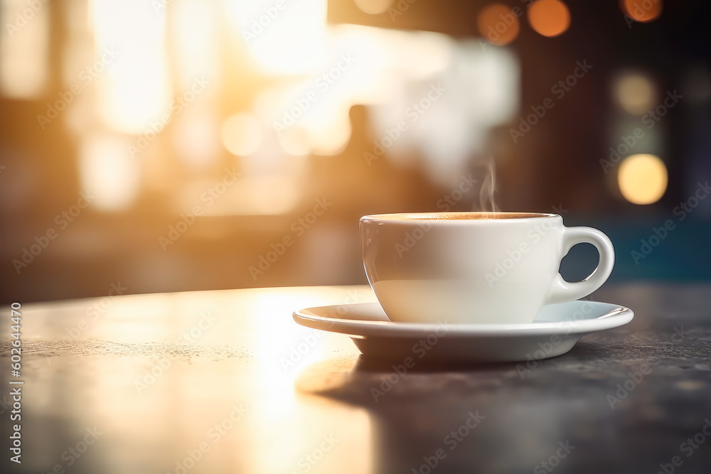 Closeup of white coffee cup on cafe table top against blurred background. Generative AI. Closeup of white coffee cup on cafe table top against blurred background. Generative AI.