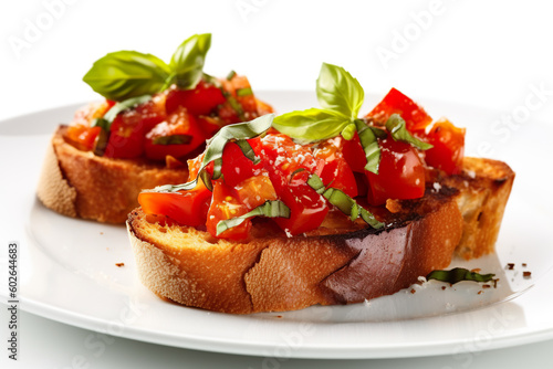 Bruschetta - toasted bread with tomato and basil toppings. Generative AI.