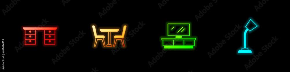 Set Office desk, Table with chair, TV table stand and lamp icon. Vector Set Office desk, Table with chair, TV table stand and lamp icon. Vector