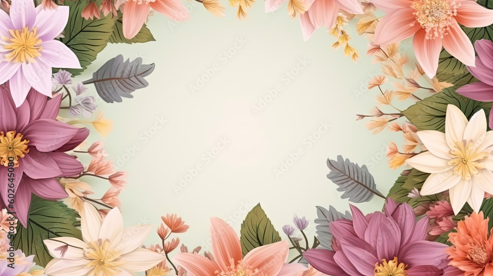 Floral background with dahlia flowers and leaves. Place for text. Generated AI Floral background with dahlia flowers and leaves. Place for text. Generated AI