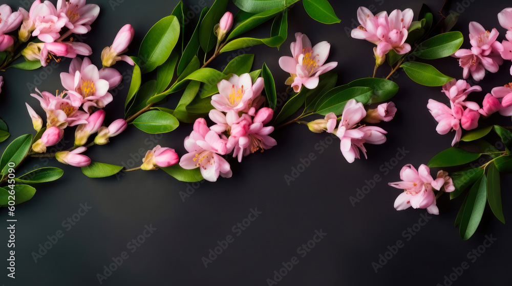 Obraz premium Pink flowers and green leaves on black background. Flat lay, top view. Generated AI