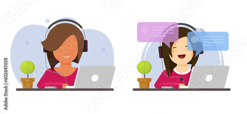 Woman girl working on laptop computer office table desk vector flat cartoon graphic illustration, young female child kid home study freelance online remote, business lady manager clipart image photo