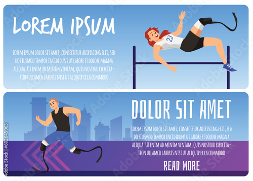 Sports for people with disabilities banners or flyers, flat vector illustration.