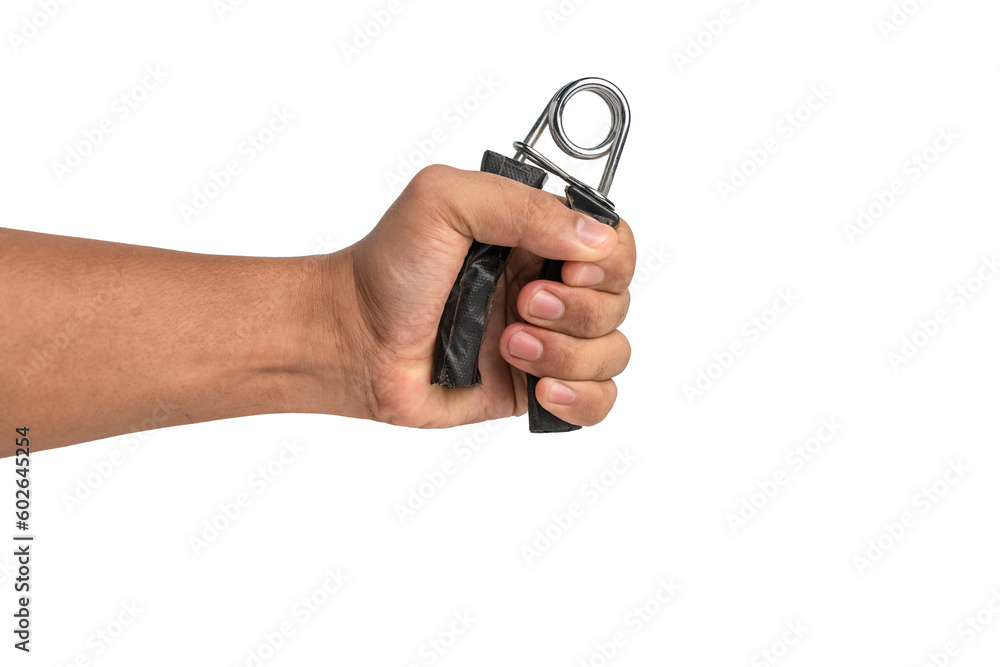 man hand holding and exercise with hand gripper isolated on white background man hand holding and exercise with hand gripper isolated on white background