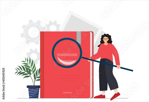Happy tiny person standing near book with magnifying glass, guide instruction or textbooks, specifications user guidance document, searching for information, education concept flat vector illustration