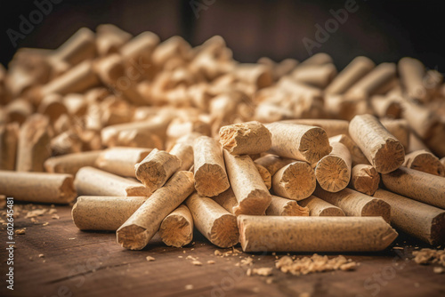 Heap of compressed wood pellets on a wooden floor or table. Ecological heating, biofuel from wooden pellets in a wooden house. Generative Ai
