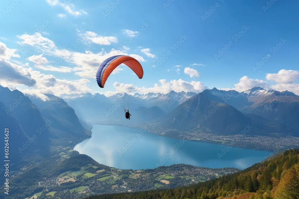 a paraglider soaring over a serene lake amidst towering mountains, Generative AI a paraglider soaring over a serene lake amidst towering mountains, Generative AI