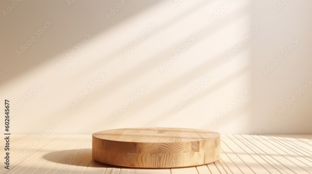 Round wooden podium on beige background for product presentation. Front view. Copy space. Generative AI. Round wooden podium on beige background for product presentation. Front view. Copy space. Generative AI.