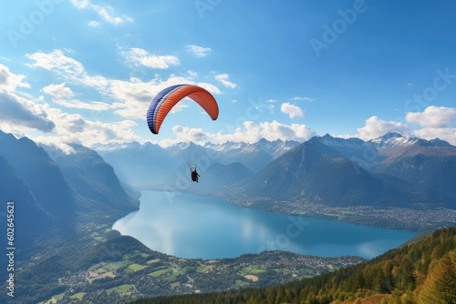 a paraglider soaring over a serene lake amidst towering mountains, Generative AI