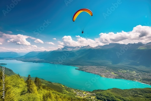 a paraglider soaring above a picturesque mountain lake