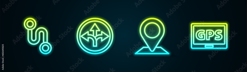 Set line Route location, Road traffic sign, Location and Gps device with map. Glowing neon icon. Vector Set line Route location, Road traffic sign, Location and Gps device with map. Glowing neon icon. Vector