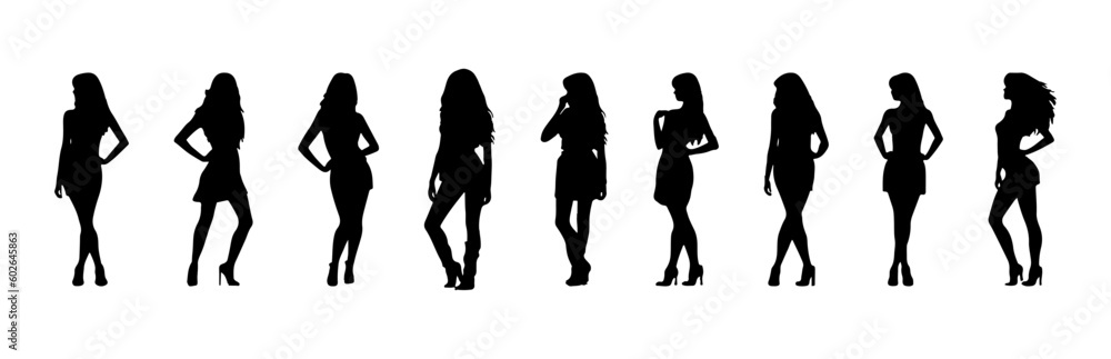 Set of black silhouettes of young women isolated on white background, vector illustration