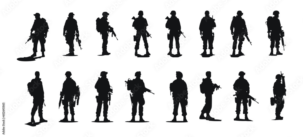 Set of black silhouettes of soldiers isolated on white background, vector illustration Set of black silhouettes of soldiers isolated on white background, vector illustration