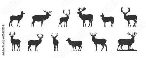 Set of black deer silhouettes isolated on white background, vector illustration