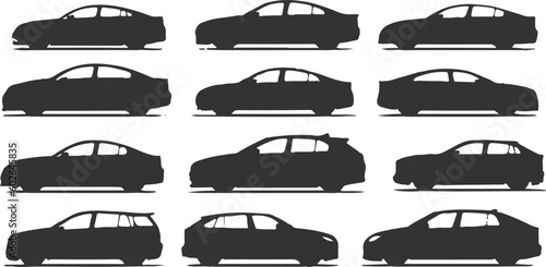 Set of black car silhouettes isolated on white background, vector illustration