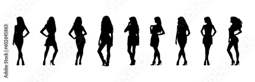 Set of black silhouettes of young women isolated on white background, vector illustration