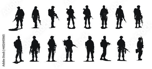 Set of black silhouettes of soldiers isolated on white background, vector illustration
