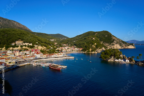 Aerial view of Parga village and Parga bay in Greece