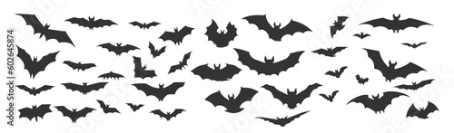 Set of black silhouettes of bats isolated on white background  vector illustration