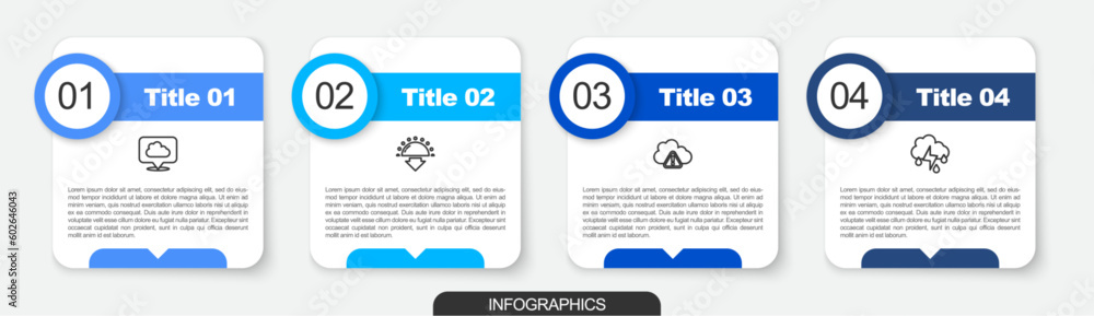 Set line Location cloud, Sunset, Storm warning and Cloud with rain and lightning. Business infographic template. Vector Set line Location cloud, Sunset, Storm warning and Cloud with rain and lightning. Business infographic template. Vector